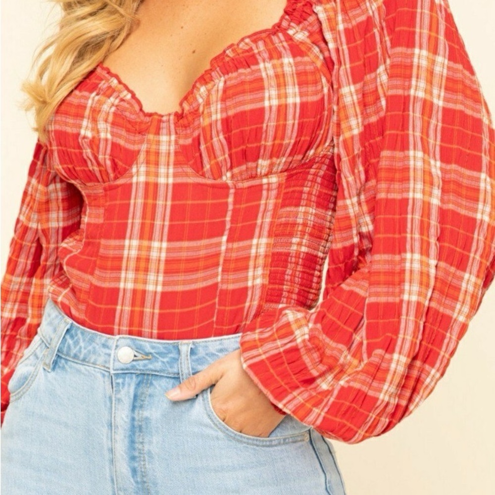 Free people plaid cherry bomb puff sleeve corset coquette cottage blouse large - Picture 2 of 6